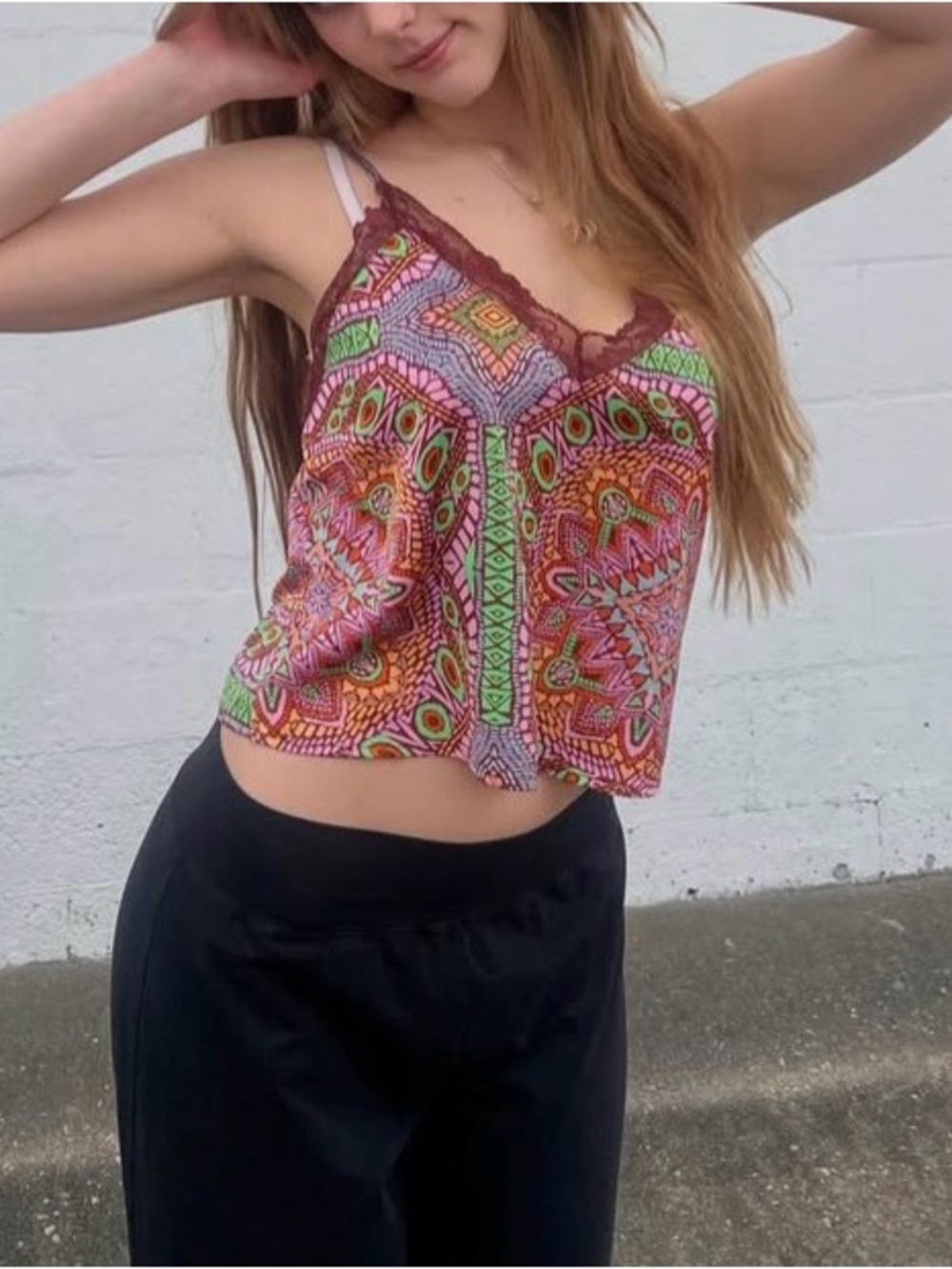 NEW Forever 21 Multi-Color Mosaic Boho Lace Trim Cami size small - Picture 8 of 8
